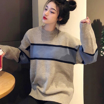 

Women Spring Autumn Sweater Knitted Casual Sweaters O-Neck Long Sleeve Loose Fashion Pullover Tops Striped Tops