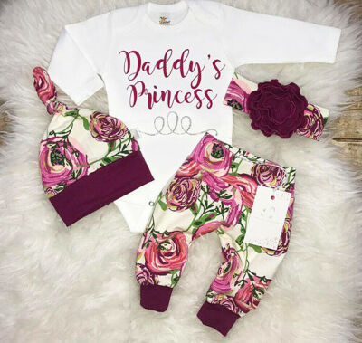 

3pcs Newborn Kid Baby Girls Tops Romper Floral Pants Leggings Hat Outfits Set