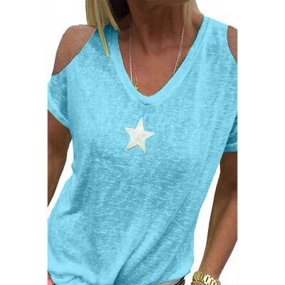 

Women Summer Cold Shoulder Star Print Plus Size T-Shirt V Neck Solid Color Top