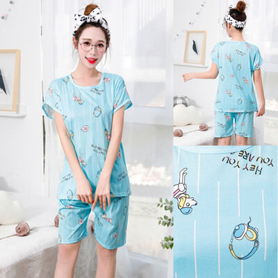 

Cartoon Print Women Pajama Sets Female Home 2 Pieces Set Crop Top Shorts Loose Elastic Waist Shorts Lounge pijama mujer 2019
