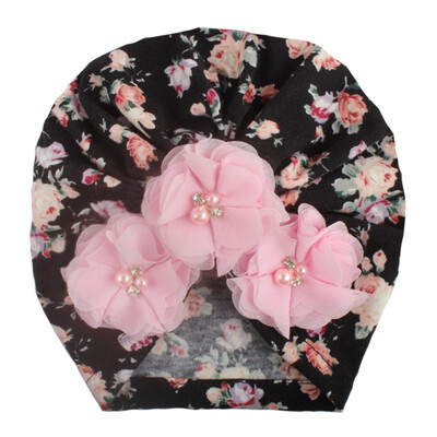 

Autumn Winter Soft Cute Newborn Baby Flower Pearl Design Girls Caps Infant Hat Turban Elastic Caps