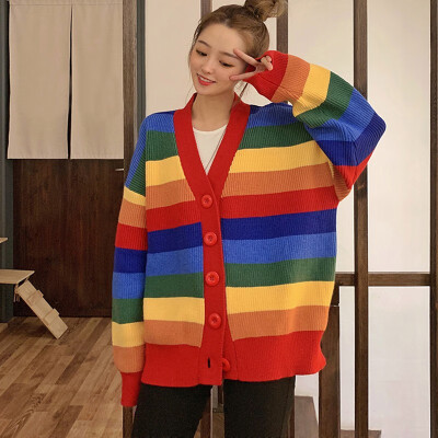 

Women Loose Rainbow Striped Cardigan V Neck Single Breasted Knitted Korean Harajuku Jumper Overszied Long Sleeve Sweaters