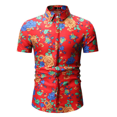 

Tailored Men Summer Printed Slim Fit Short Sleeve Stand Collar Button Shirt Top Blouse