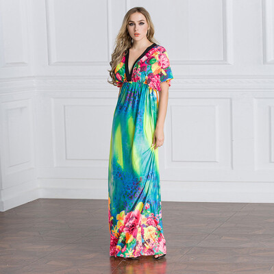 

Elegant Women Maxi Dress Floral Print Plunge V Neck Short Sleeve Russian Long Ice Silk Dress Blue