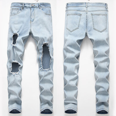 

Gobestart Mens New Fashion Personality Ripped Slim Fit Zipper Stretch Denim Trousers
