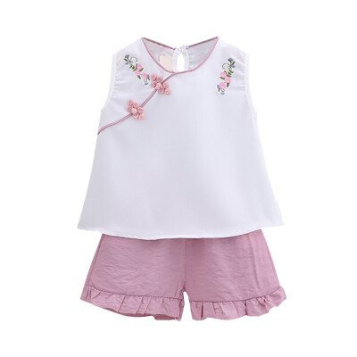 

Summer Children Chinese Style Clothes Baby Girls Casual Sleeveless Floral Print T-shirt TopsShorts 2pcs Suits Costume Set