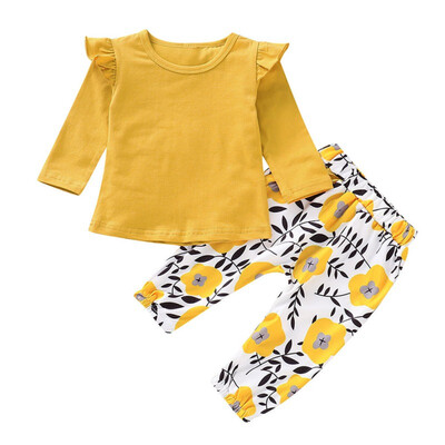 

Baby Girls Boutique Spring Clothes Set Girls Lovely Floral Print T-shirt Pants Clothing Kids Cotton Tops Pants Set