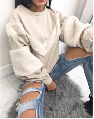 

New Women Fashion Loose Plush Stitching Sweatshirt Casual Autumn Winter Warm Sweater Pullover Tops