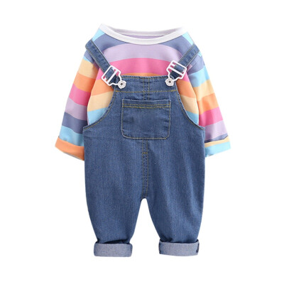 

2019 Spring Autumn Baby Boys Girls Clothes Sets Rainbow Stripe Print TopStrap Pants Cotton Girls Suits Children Clothing Sets