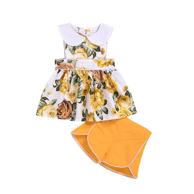 

Summer Baby Girls Casual Sleeveless Floral Print T-shirt Dress TopsShorts Suits Costume Set