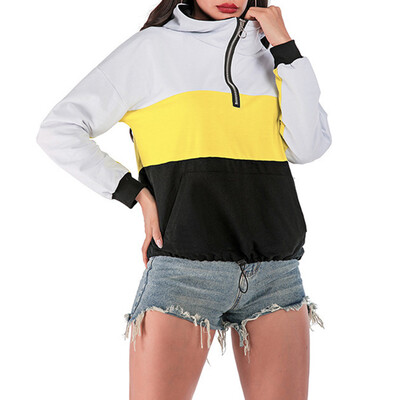 

Women Autumn And Winter Fashion Casual Loose Color Stitching Slim Zipper Hooded Pullover Sweatershirt Hoody