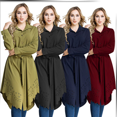 

Women Plus Size Shirt Dress Burning Flowers Hollow Out Irregular Hem Belted Casual Tunic Long Blouse Top