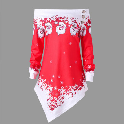 

Gobestart Women Christmas Santa Snowflake Printed Tops Off Shoulder Asymmetric Sweatshirt