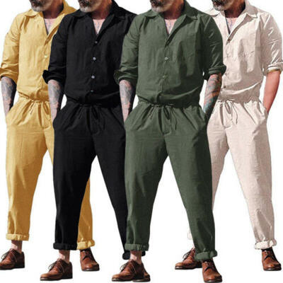 

Men Long Sleeve Solid Coverall One Piece Jumpsuits Cotton Pants Trouser Romper D