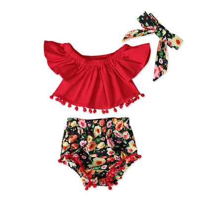 

Summer Children Clothes Set Baby Girl Casual Off-shoulder Floral Print Tops Romper Flower PP ShortsHeadband Outfits Set