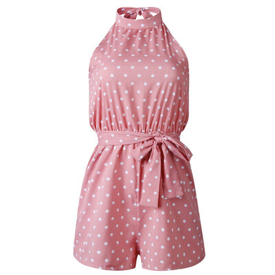 

Women Polka Dot Belted Jumpsuit Playsuits Elegant Halter Backless Jumpsuit Rompers Summer Sleeveless Pocket Playsuits