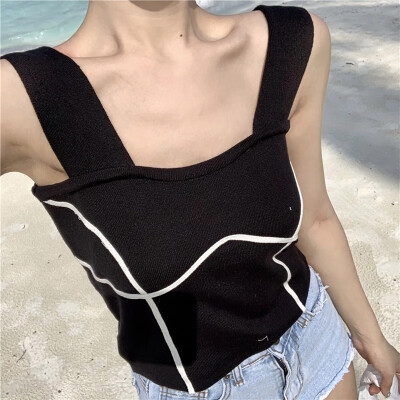 

Sexy contrast color knit bottoming crop tops womens fashion simple&comfortable sleeveless soft sling