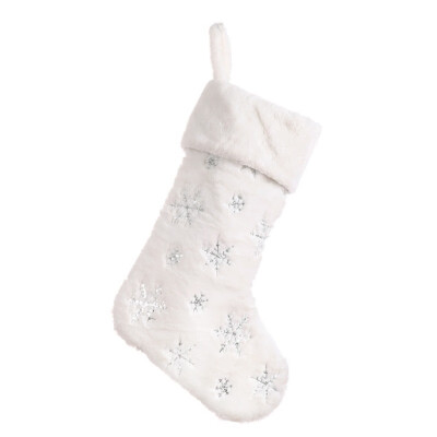 

Snowflakes Embroidered White Plush Christmas Stockings Gifts Bag Hanging Loops Xmas Tree Fireplace Candy Socks