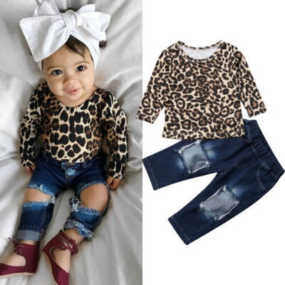 

2pcs Kids Baby Girl Outfits Leopard TopsDestroyed Jeans Pants Clothes