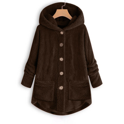 

Toponeto Women Plus Size Button Plush Tops Hooded Loose Cardigan Wool Coat Winter Jacket