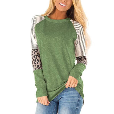 

Fashion Women Autumn Splicing Longline T-Shirt Striped Leopard Print O Neck Long Sleeve Casual Top