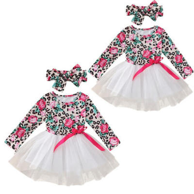 

2pcs Toddler Baby Girl Outfits Floral T Shirt Tops Tulle Dress Headband Set US