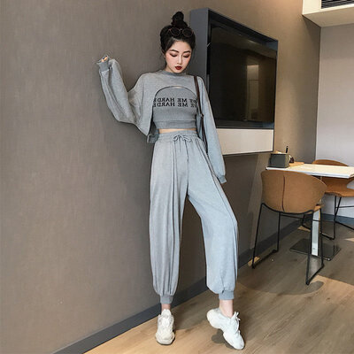 

Spring Autumn New Novel Chic Letter Print Women Sets Korean Style Tops Vest Pants 3 Pieces Sets Black White