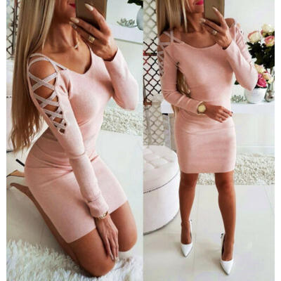 

New Women Long Sleeve Cold-Shoulder Dresses Clubwear Evening Party Dress Bodycon