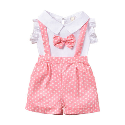 

Toddler Baby Kids Girls Pink Clothing Sets Solid Tops Overall Dot Print Pocket Bow Bib pants Outfits Suits 0-4Y