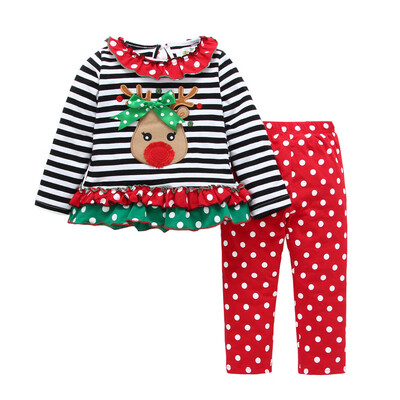 

Christmas Childrens Clothing Girls Print Long-sleeved Striped Elk Home ServiceT-shirt Pants Mesh Skirt Two-piece