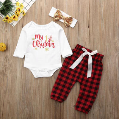 

UK Xmas Toddler Baby Girl Christmas Romper Pants Bodysuit Plaid Outfits Clothes