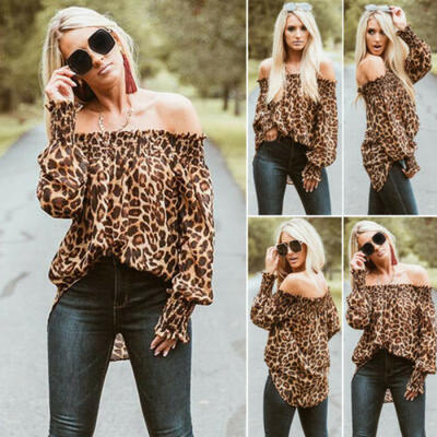 

Womens Long Sleeve Sexy Off Shoulder Print Leopard Shirts Loose Tops Blouse