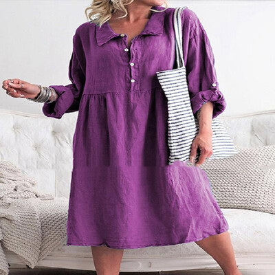 

Pure Color Lapel Rolled Long Sleeve Butttons Shirt Dress