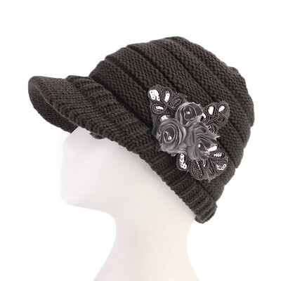 

Women Warm Wool Hat Winter Flower Sequin Cap Crochet Knit Beanie Brim Hat