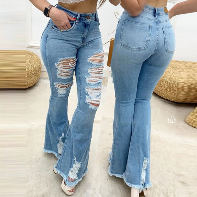 

Gobestart Fashion Womens Button Ripped Zipper Pocket Trousers Jeans Casual Denim Pants