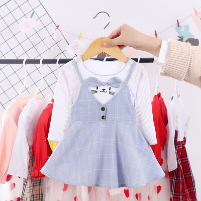 

Children Autumn Girls Cute Plaid Print Fake Two Piece Bottoming Long Sleeved Sweet Princess Dress New