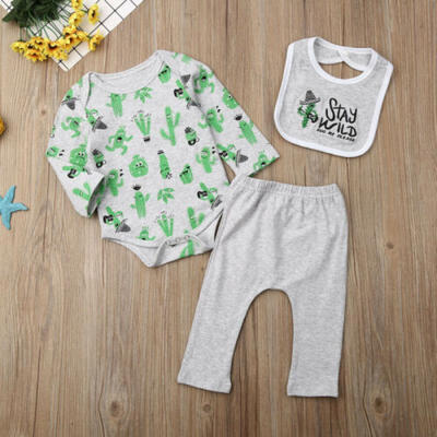 

UK Toddler Baby Kid Boy Long Sleeve Romper Bodysuit Tops Pants Bibs Clothes 3PCS