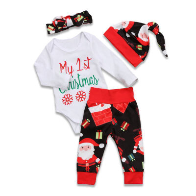 

Baby Kids Girls Boys My First Christmas Cute Long Sleeve Letter Print Romper TopsPantsHatHeadband 4pcs Toddler Clothes Set