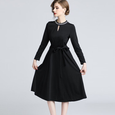 

2018 autumn women sexy black beaded long sleeve bow O neck retro female casual dresses slim office party vestidos