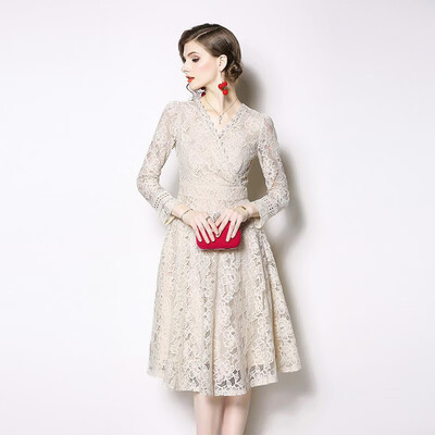 

S M L XL XXL elegant new spring 2019 lace dress women long sleeve beige flower mid calf slim A line lady V neck