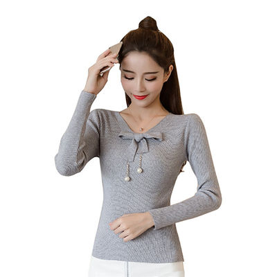 

Women Autumn Knitted Bow Sweater Round Collar Slim Solid Long-Sleeved Casual Wild Bottoming Tops Sweet Sweaters Tops Female