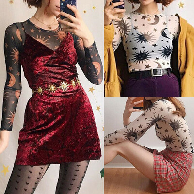 

Fashion Women Sheer Long Sleeve See Through Blouse T Shirt Party Cocktail Tops