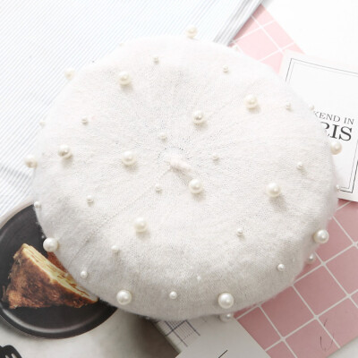 

Women Winter Warm Wool Pearl Felt Beret Hat Luxury Vogue Beret Hats