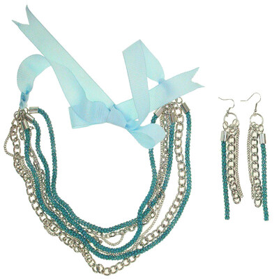 

ETONG Fashion Earrings&Necklace copper corn chain with blue enamel&aquamarine silk ribbon in rich levels chains