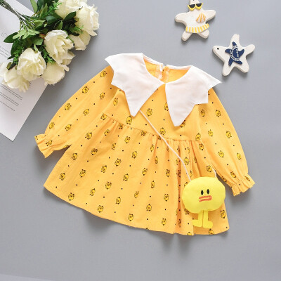 

2019 Autumn Cute Casual Baby Girls Long Sleeve Printed Cartoon Duck Dress Kids Sundress With Cute Bag