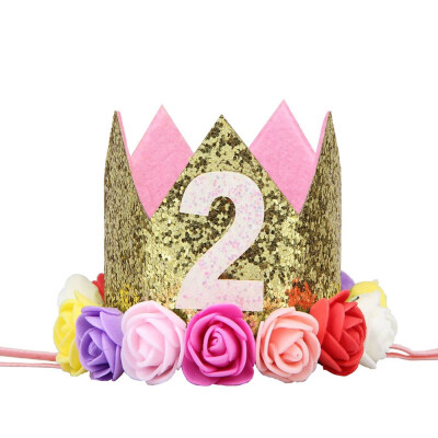 

Baby Boy Girl Birthday Party Hat Headwear Elastic Headband Glitter Number Flowers Crown