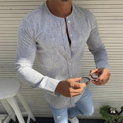 

Mens Long Sleeve Round Neck Loose Tops Button Down Solid Beach Summer Blouse