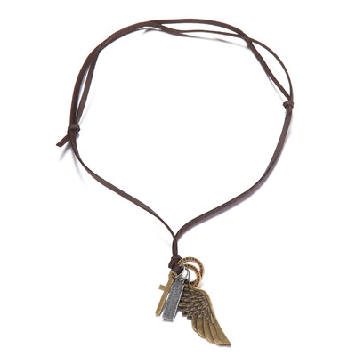 

Leather Cord Necklace Male Wing Cross Pendant Retro Punk Men Necklace