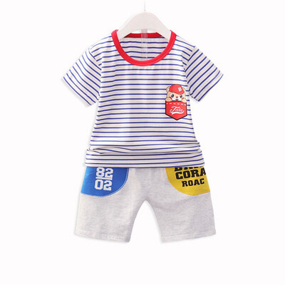 

Boys Clothes Sets Summer Baby Boys Short Sleeve Cartoon Stripe Print T-shirt TopsShorts Casual Outfits Children Sets