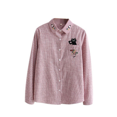 

EFINNY 2019 Floral Embroidered Blouse Shirt Women Cartoon Cat Tops Long Sleeve Blouses Woman Office Shirts plus size